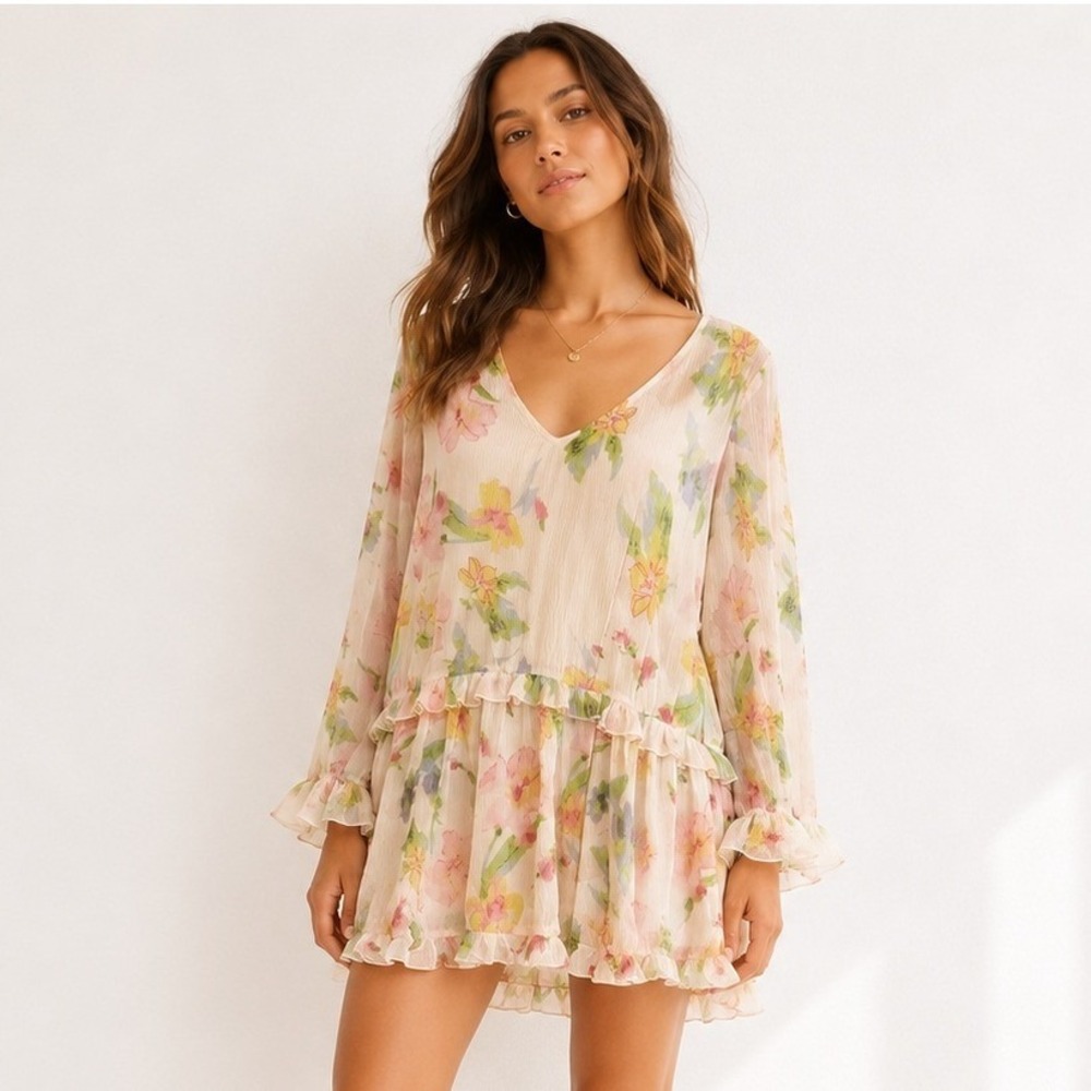 Strut & Bolt Floral Chiffon Mini Dress V-Neck Ruffle Bell Sleeve Small NWOT